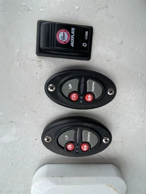 Slide: The Image of 2023 Dargel 250Kat HDX boat controls with jack plate and trim buttons. - 17