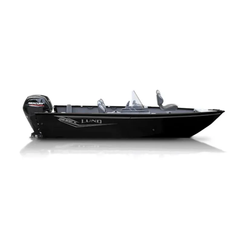 Slide: The Image of 2025 Lund 1650 Rebel XL SS boat, side view, black exterior, Mercury engine. - 25