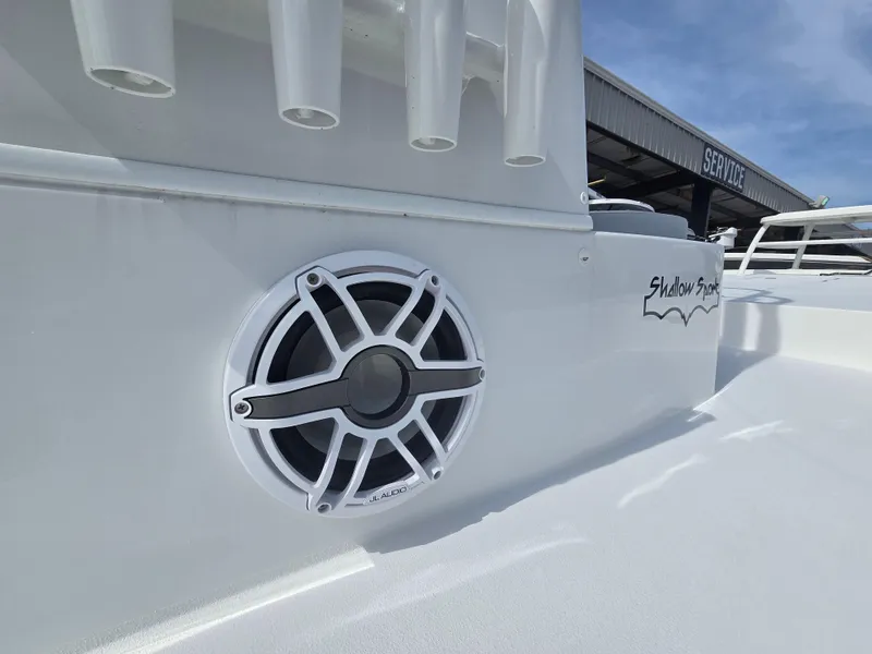 Slide: The Image of 2024 Shallow Sport X3 boat with speaker detail, showcasing sleek design and modern features. - 4