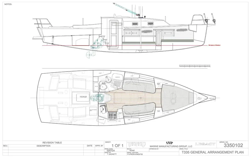 Slide: The Image of Plan of Tartan 335 yacht, 2025 model, showing side and top views with interior layout. - 2