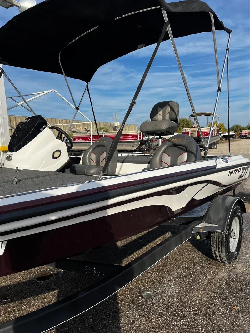 Slide: The Image of 2019 Nitro Z17 boat with canopy, parked on a trailer under a clear blue sky. - 1