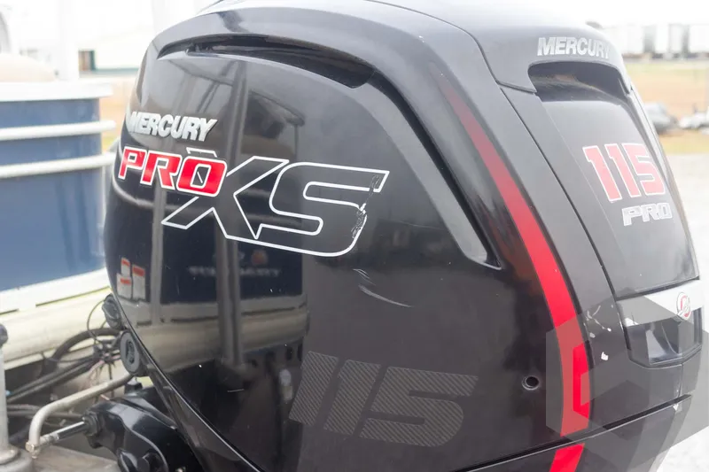 Slide: The Image of Mercury Pro XS 115 outboard motor on 2020 Sun Tracker Fishin' Barge 22 DLX. - 23