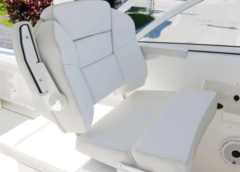 Slide: The Image of 2025 World Cat 296DC boat seat, white upholstery, modern design. - 10