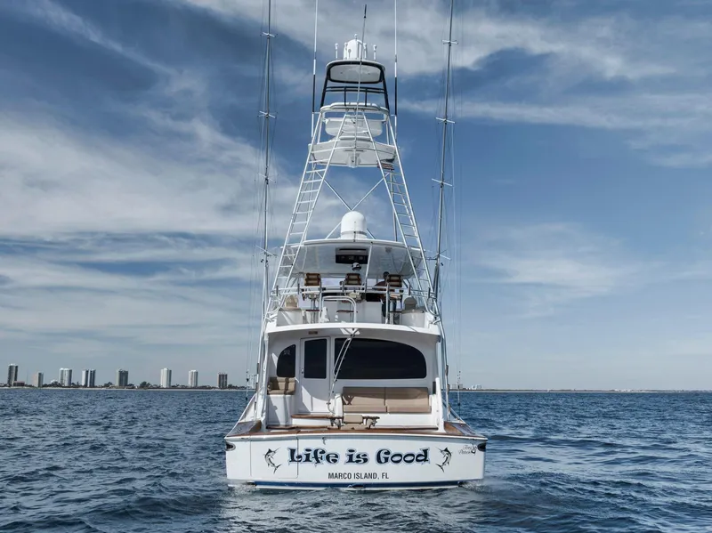 Slide: The Image of Viking 70 Convertible yacht, 2015 model, on open water with city skyline. - 13