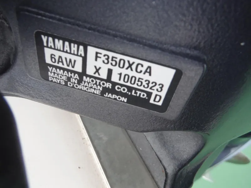 Slide: The Image of Yamaha F350XCA engine label on 2012 Regulator 32 Forward Seating boat. - 49