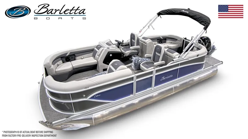 Slide: The Image of 2024 Barletta C22QC pontoon boat with sleek design and comfortable seating. - 1