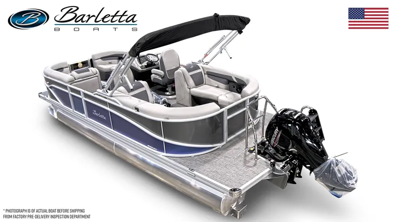Slide: The Image of 2024 Barletta C22QC pontoon boat with sleek design and modern features. - 2