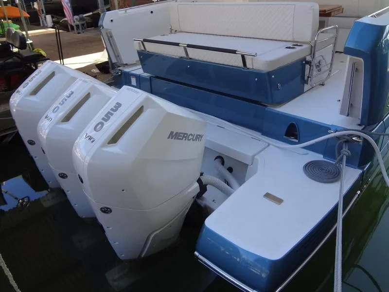 Slide: The Image of 2025 Jeanneau DB/43 OB boat with triple Mercury outboard engines. - 48