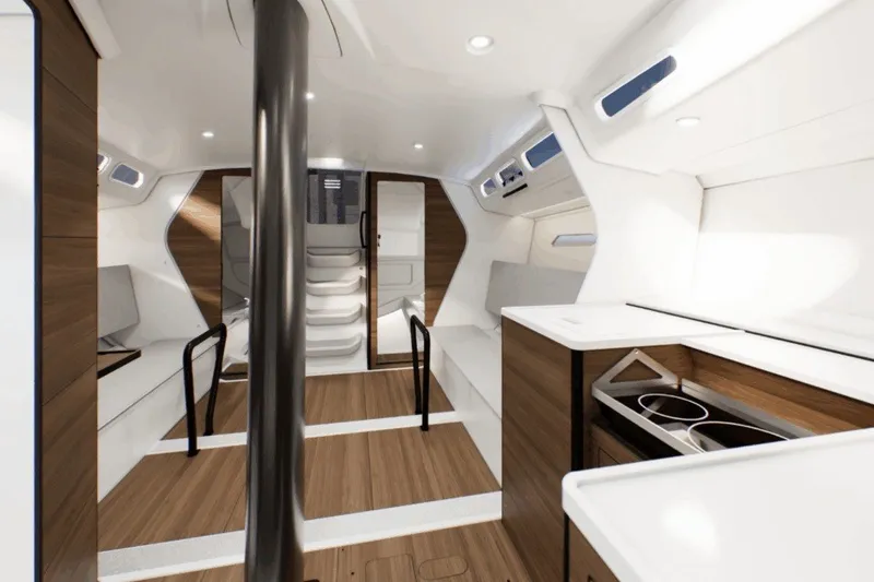 Slide: The Image of Modern interior of 2027 X-Yachts XR 41 sailboat with sleek design and wood accents. - 10