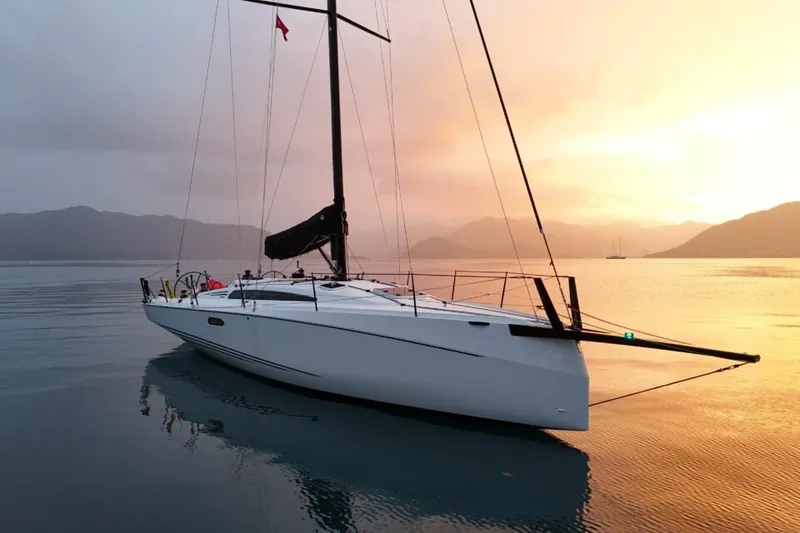 Slide: The Image of Sleek 2027 X-Yachts XR 41 sailboat at sunset on calm waters. - 2