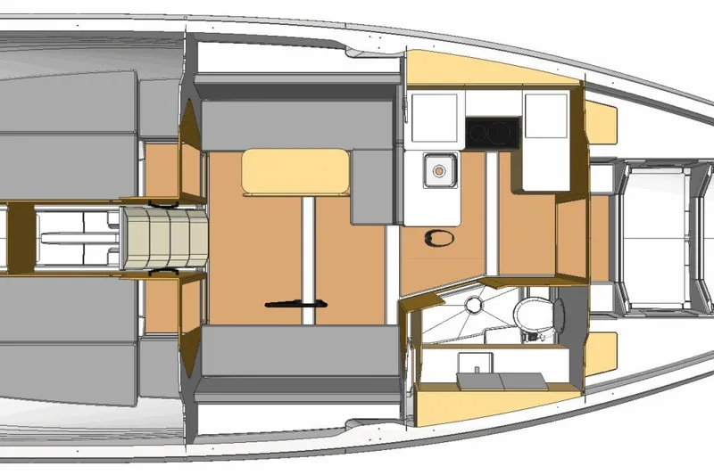 Slide: The Image of Interior layout of 2027 X-Yachts XR 41 sailboat, featuring kitchen, seating, and bathroom areas. - 9