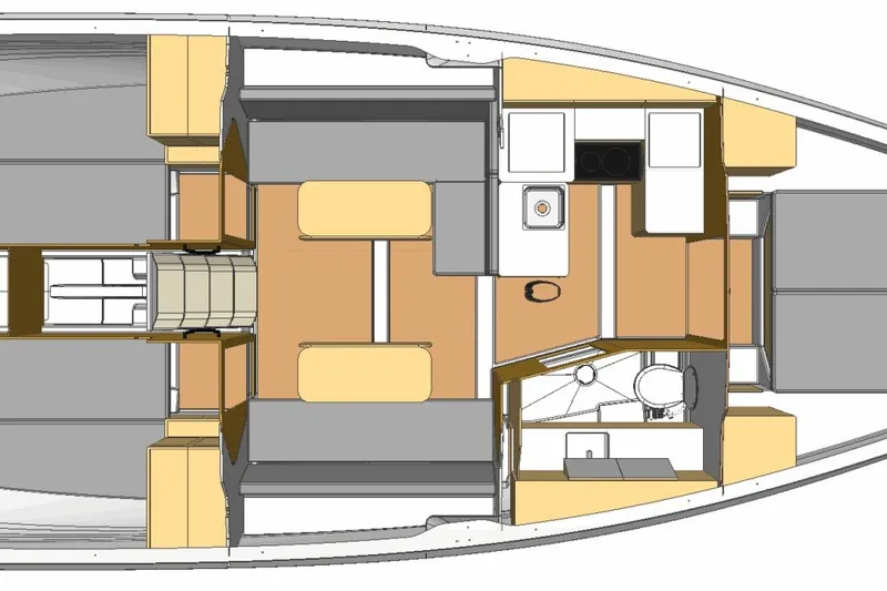 Slide: The Image of Interior layout of 2027 X-Yachts XR 41, featuring kitchen, seating, and bathroom areas. - 8