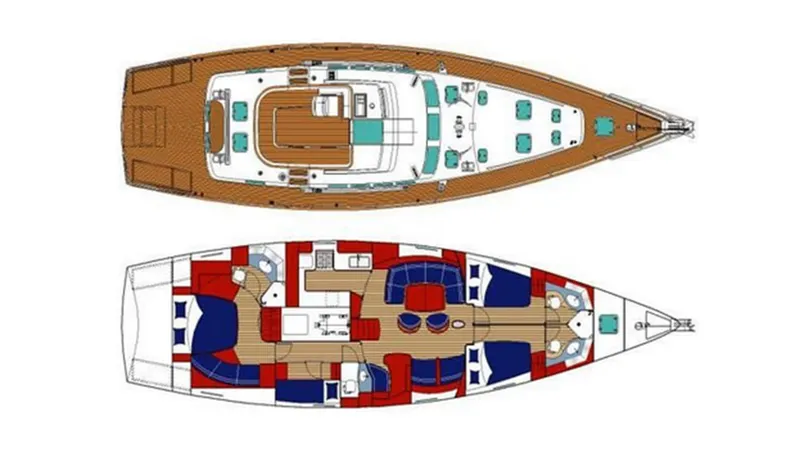 Slide: The Image of Deck and interior layout of 2005 Beneteau 57 yacht, showcasing spacious design and amenities. - 15