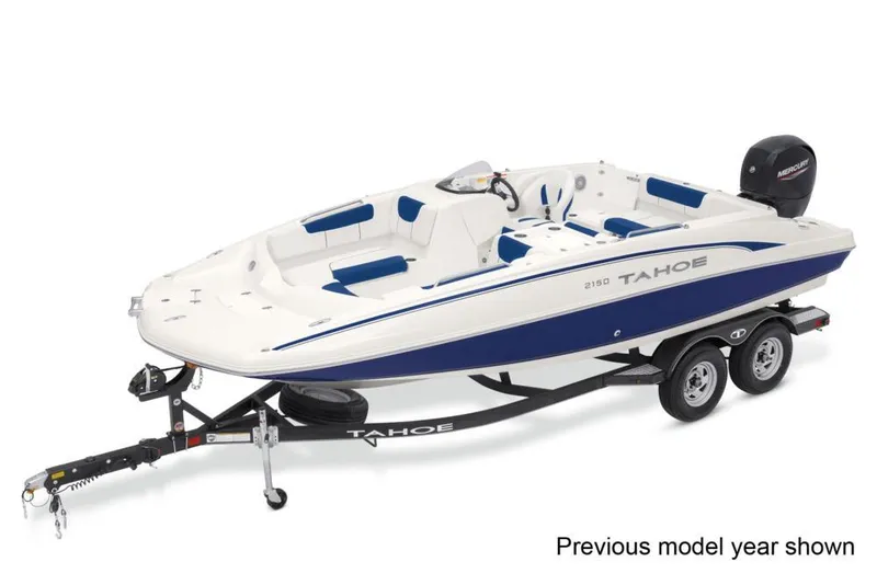 Slide: The Image of 2022 Tahoe 2150 boat on trailer, white and blue design, side view. - 10