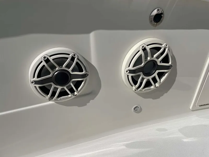 Slide: The Image of 2015 Hydra-Sports 3400 Center Console boat speakers on white panel. - 14