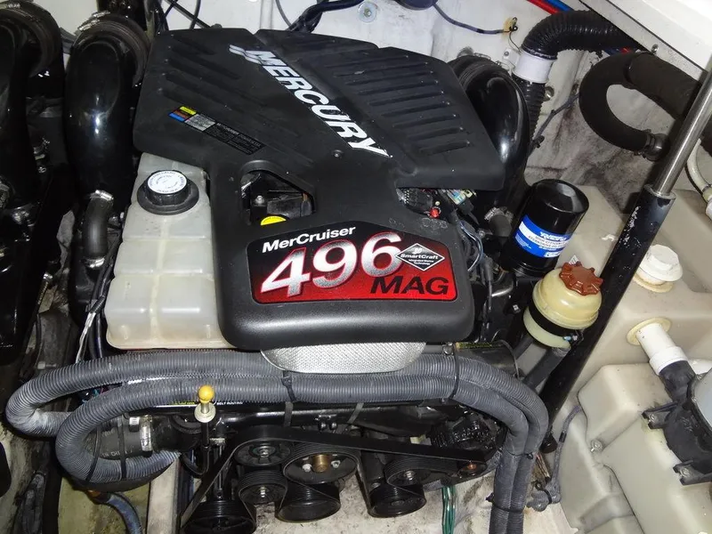 Slide: The Image of MerCruiser 496 MAG engine in 2005 Sea Ray 320 Sundancer boat. - 38