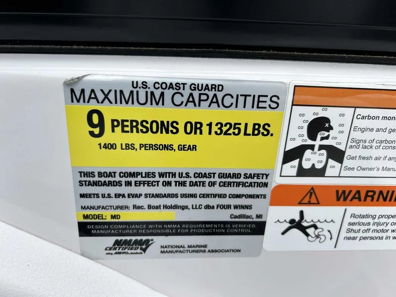 Slide: The Image of U.S. Coast Guard capacity label for 2018 Four Winns Horizon 190, max 9 persons or 1325 lbs. - 16