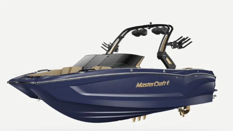 Slide: The Image of 2025 MasterCraft X24 boat, sleek design, blue exterior, advanced features, luxury watercraft. - 0