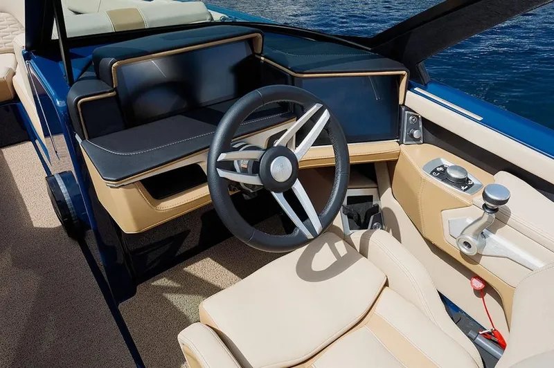 Slide: The Image of 2025 MasterCraft X24 boat interior with modern steering wheel and luxurious seating. - 2
