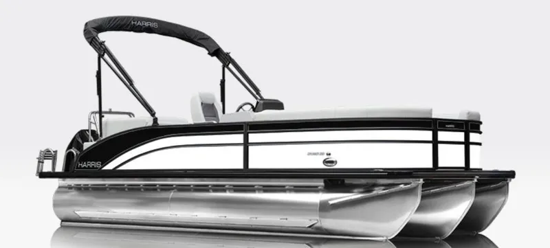 Slide: The Image of 2025 Harris CRUISER 230 SLDH pontoon boat, sleek design, black and white color scheme. - 0