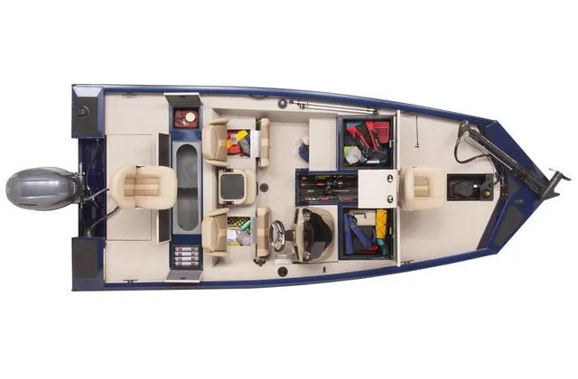 Slide: The Image of 2023 G3 Sportsman 1710 boat interior, top view, showcasing seating and storage compartments. - 3