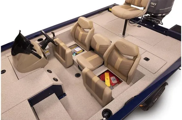 Slide: The Image of 2023 G3 Sportsman 1710 boat interior with beige seating and storage compartments. - 6