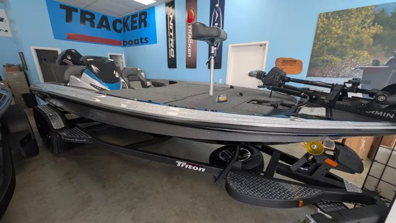 The Image of 2025 Triton 20XP Patriot boat displayed indoors, featuring a sleek design and advanced equipment. - 0