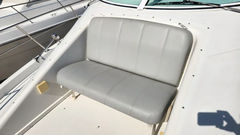 Slide: The Image of 2008 Carver 36 Mariner boat with gray seating on deck. - 29