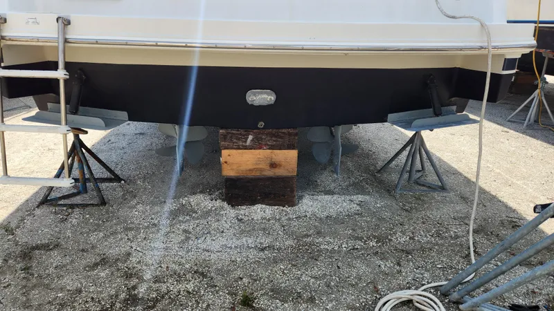 Slide: The Image of 2008 Carver 36 Mariner boat on stands, rear view, in dry dock. - 5