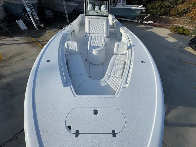 Slide: The Image of 2025 Yellowfin 39 Offshore boat with spacious seating and sleek design. - 36