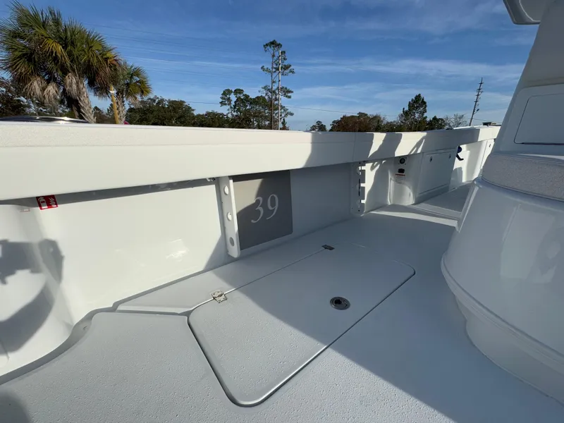 Slide: The Image of 2025 Yellowfin 39 Offshore boat deck with sleek design and spacious layout. - 54