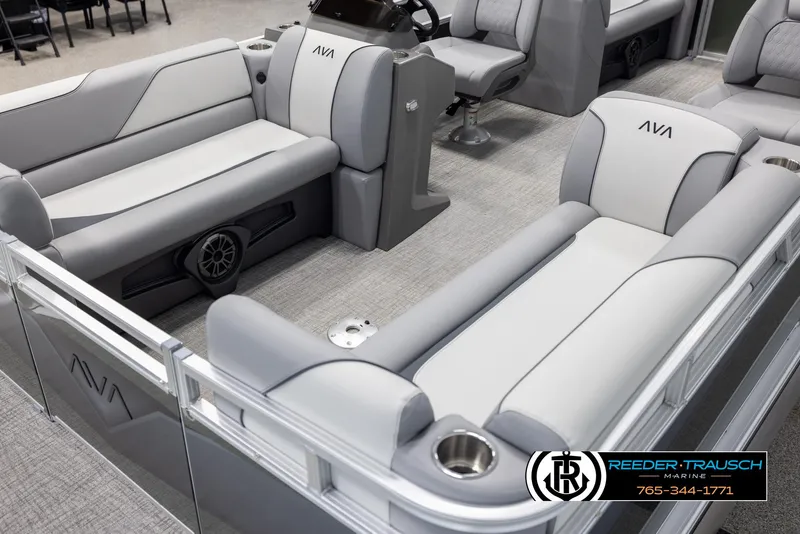 Slide: The Image of 2025 Avalon VEN QL boat interior with gray seating and modern design. - 10