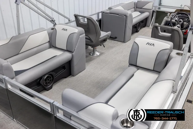 Slide: The Image of 2025 Avalon VEN QL boat interior with gray seating and modern design. - 12