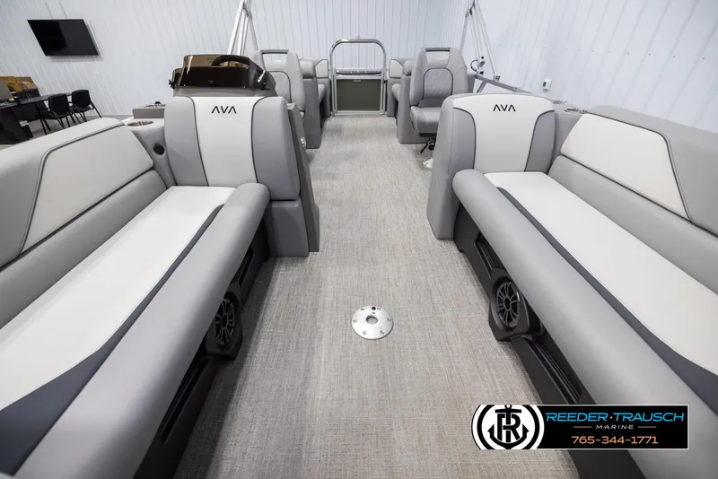 Slide: The Image of Interior of 2025 Avalon VEN QL pontoon boat with spacious seating and modern design. - 13