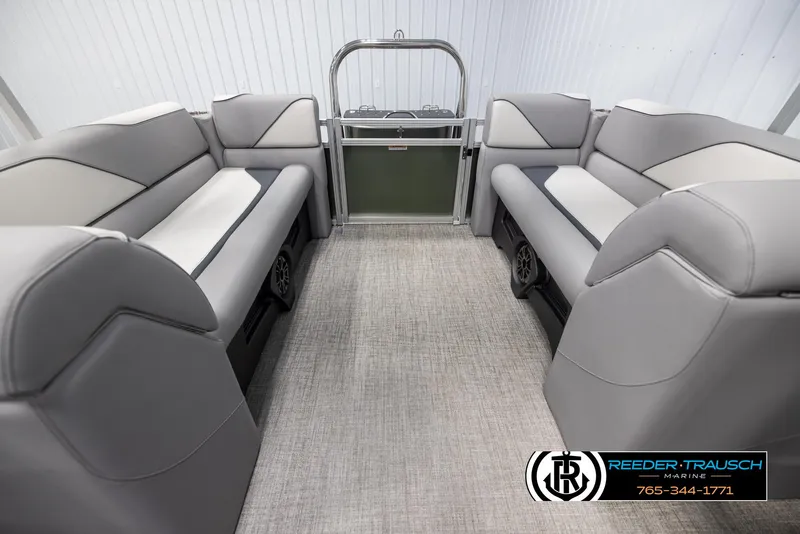 Slide: The Image of Interior of 2025 Avalon VEN QL pontoon boat with gray seating and carpet flooring. - 15