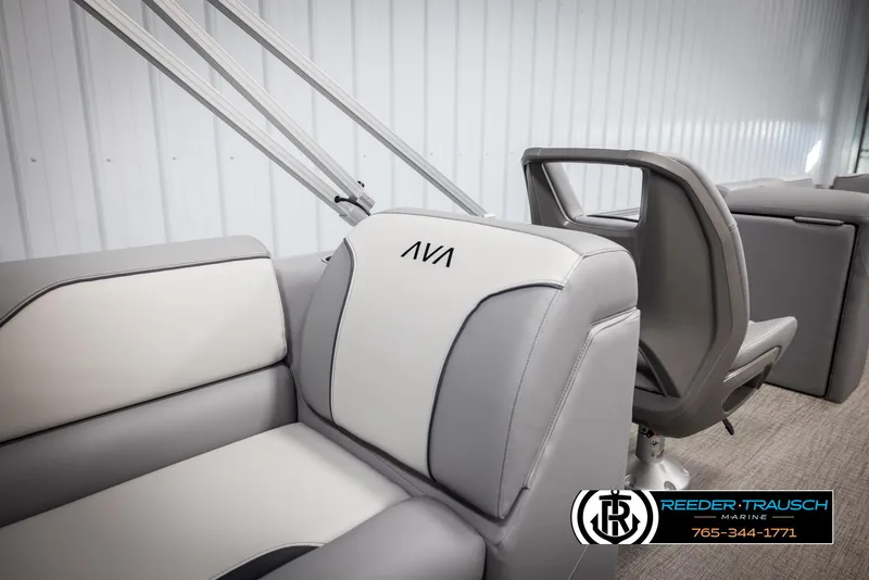 Slide: The Image of 2025 Avalon VEN QL boat interior with gray and white seating, featuring modern design. - 23