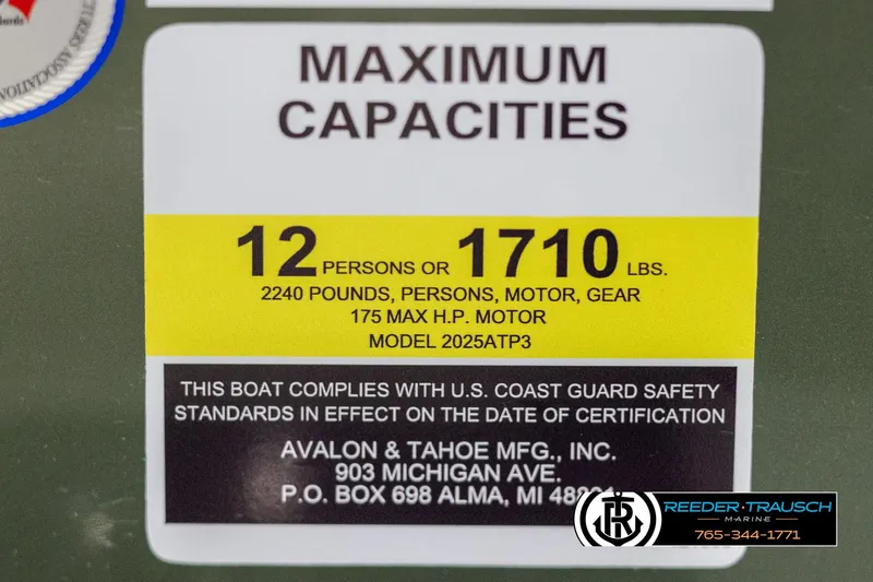 Slide: The Image of 2025 Avalon VEN QL boat capacity label, 12 persons or 1710 lbs, 175 max HP motor. - 45