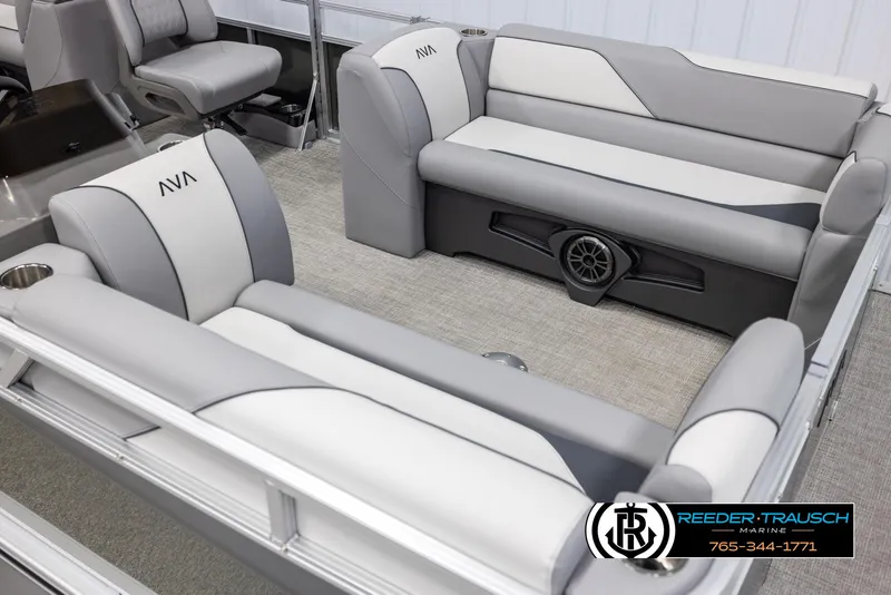 Slide: The Image of Avalon VEN QL 2025 boat interior with gray seating and speaker system. - 9