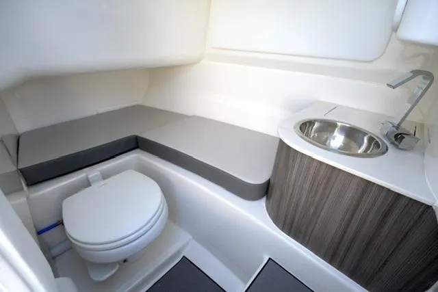 Slide: The Image of 2025 Sea Ray SDX 250 boat interior with toilet and sink. - 14