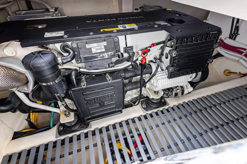 Slide: The Image of 2019 Tiara Yachts 39 Coupe engine compartment showcasing Volvo Penta engine. - 47