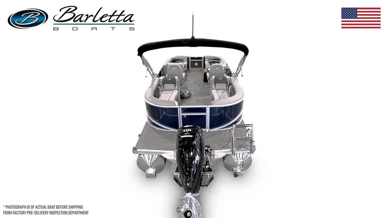 Slide: The Image of 2025 Barletta ARIA 22QC pontoon boat, rear view, with American flag and logo. - 3