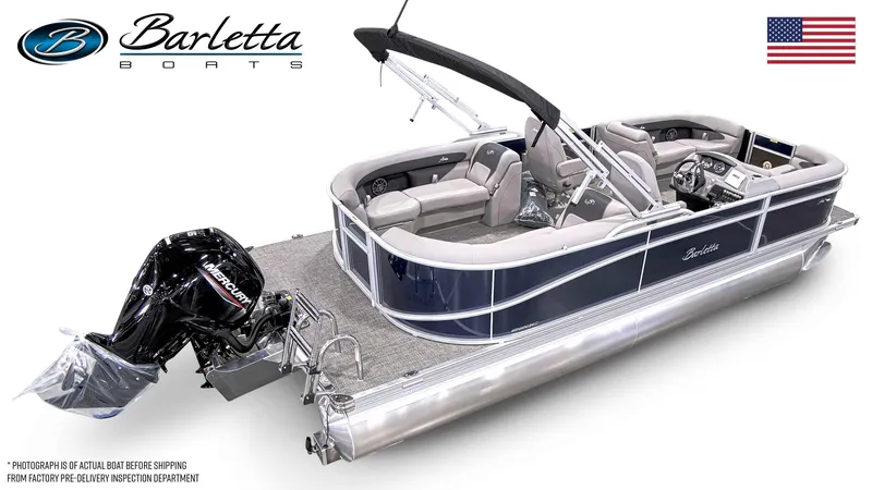 Slide: The Image of 2025 Barletta ARIA 22QC pontoon boat with Mercury engine, sleek design, and spacious seating. - 4