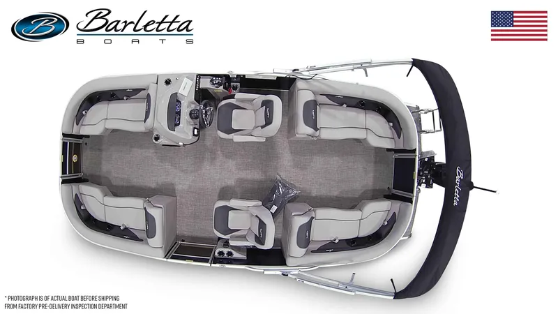 Slide: The Image of Top view of 2025 Barletta ARIA 22QC pontoon boat with seating layout. - 7