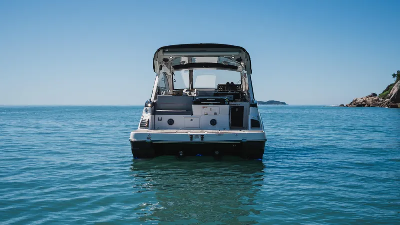 Slide: The Image of Granfort 366 GTS 2025 boat on calm sea, rear view, clear sky. - 6