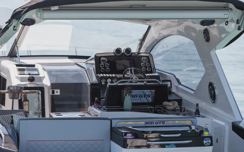 Slide: The Image of Granfort 366 GTS 2025 yacht interior with modern dashboard and controls. - 8