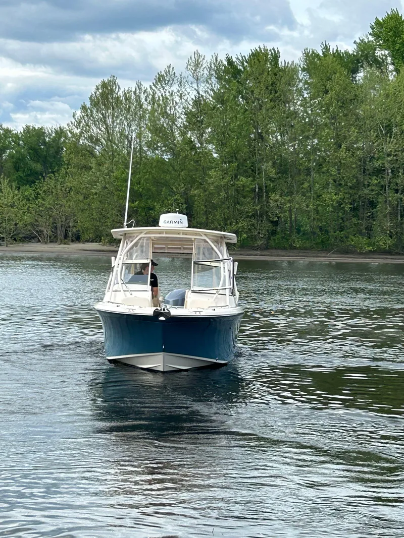 Slide: The Image of 2018 Grady-White Freedom 255 boat on a calm lake with lush green trees. - 33