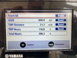 Slide: The Image of Yamaha display showing trip data: 800 gallons used, 71.7 miles, 116.6 trip hours, 398.3 total hours. - 38