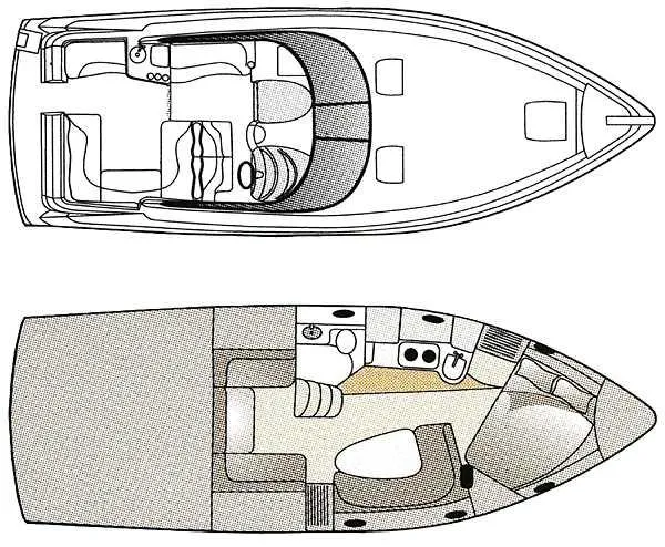 Slide: The Image of Floor plan of a 2000 Larson 330 CABRIO boat, showing interior and deck layout. - 29