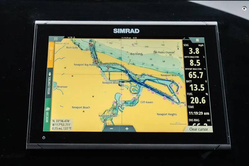 Slide: The Image of Simrad navigation display on 2022 Cruisers Yachts 38 GLS, showing nautical map and data. - 15