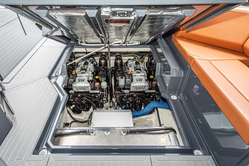 Slide: The Image of 2022 Cruisers Yachts 38 GLS engine compartment with dual V8 engines. - 33